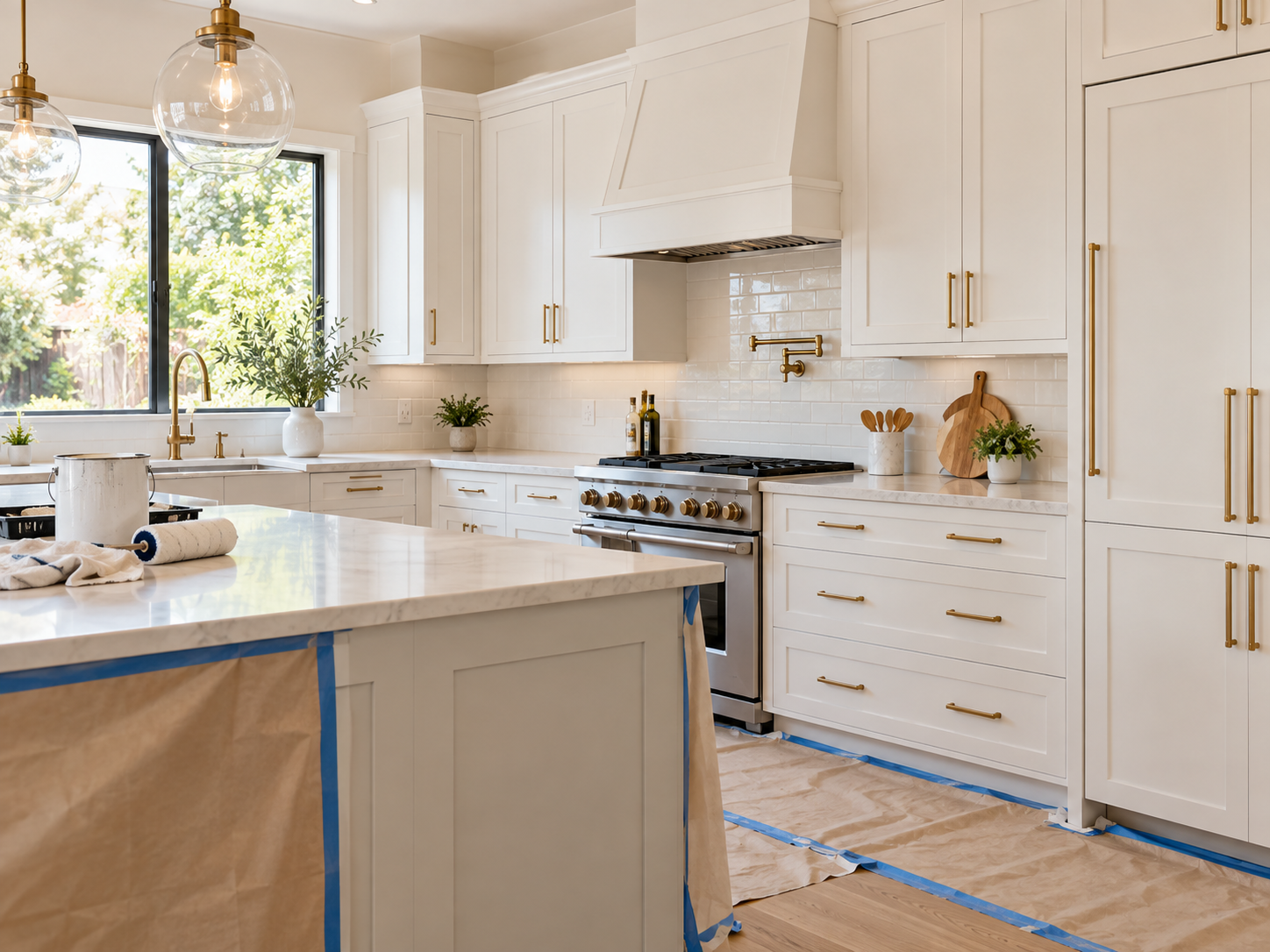 Freshly painted white cabinetry in a bright kitchen