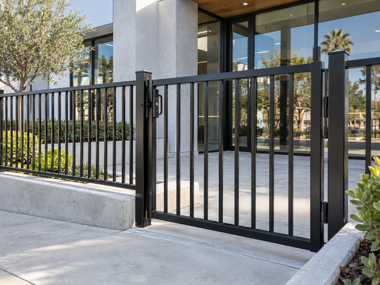 Freshly painted black metal gate at a commercial entrance