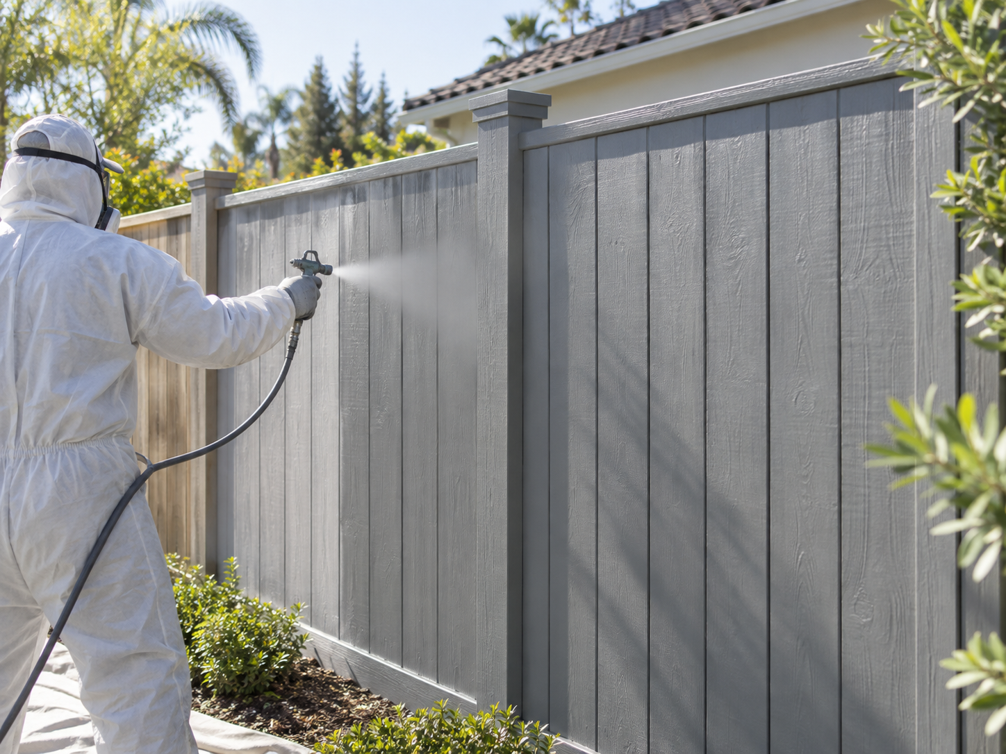 Professional spray painting of an exterior fence
